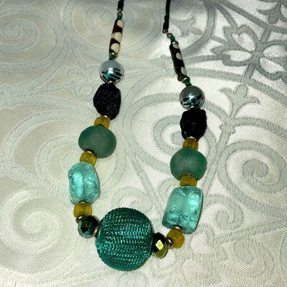 Funky chunky bead necklace in aqua and earth tones